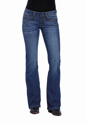 Stetson Womens 816 Classic Bootcut Blue Cotton Blend Plain Back Jeans Light Layers