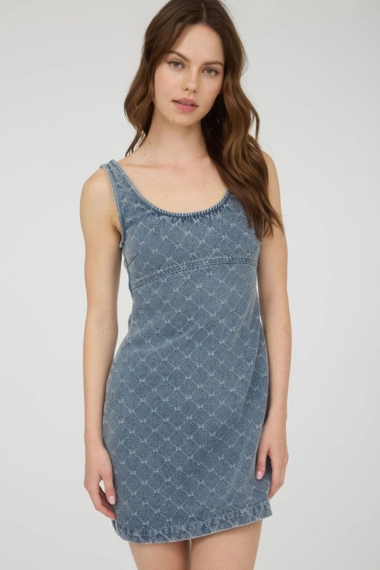 Dalilah Bow Pattern Sleeveless Denim Mini Dress Chic Design Flowing Lines