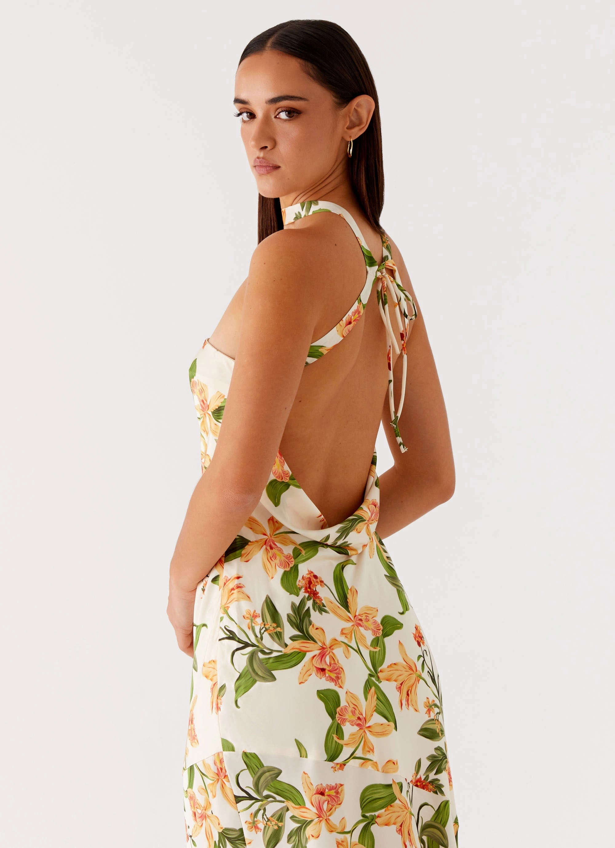 Soft Volume Calm Energy Damali Satin Maxi Dress - Floral Print