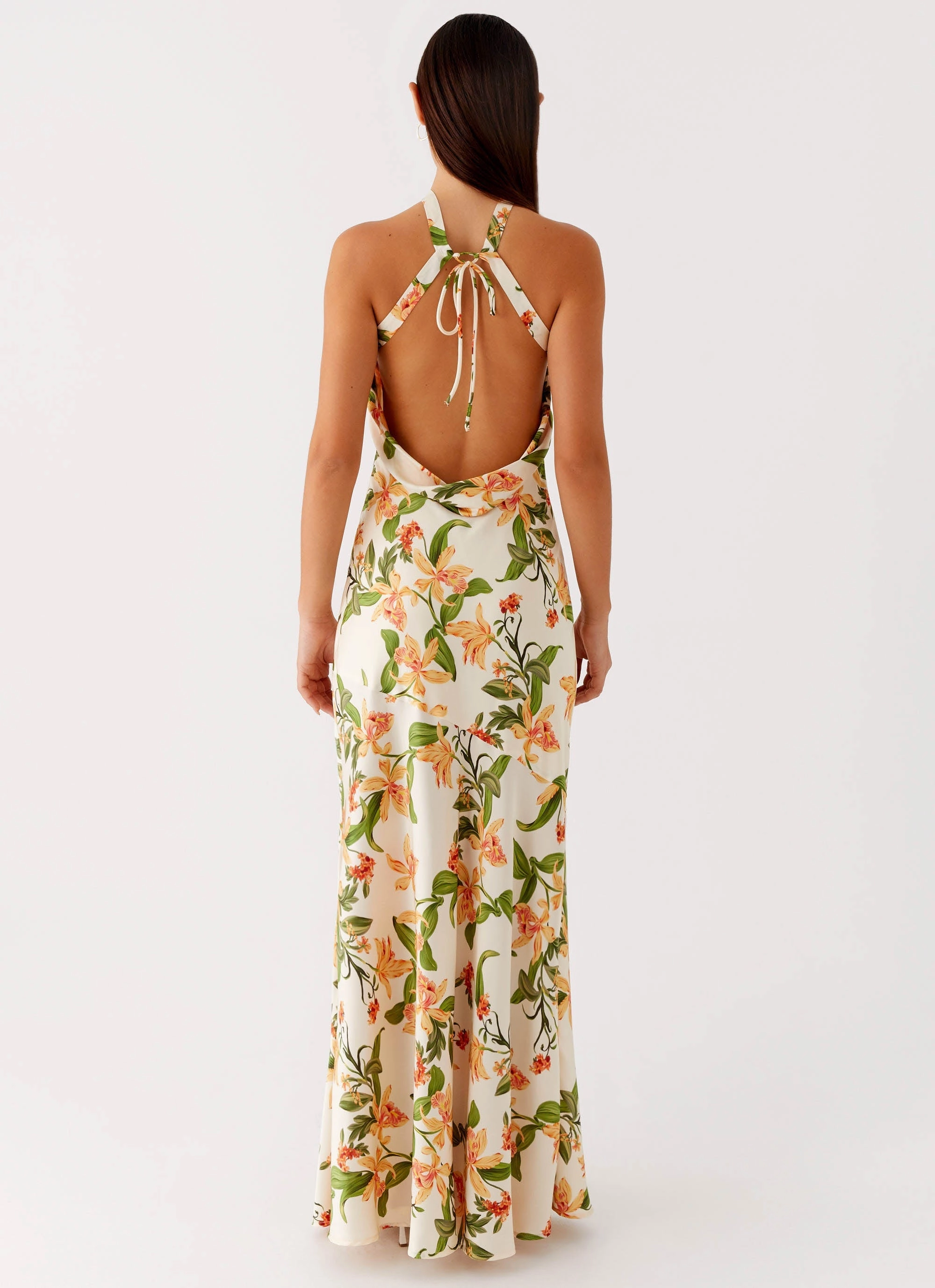 Damali Satin Maxi Dress - Floral Print Neutral Tones City Layering