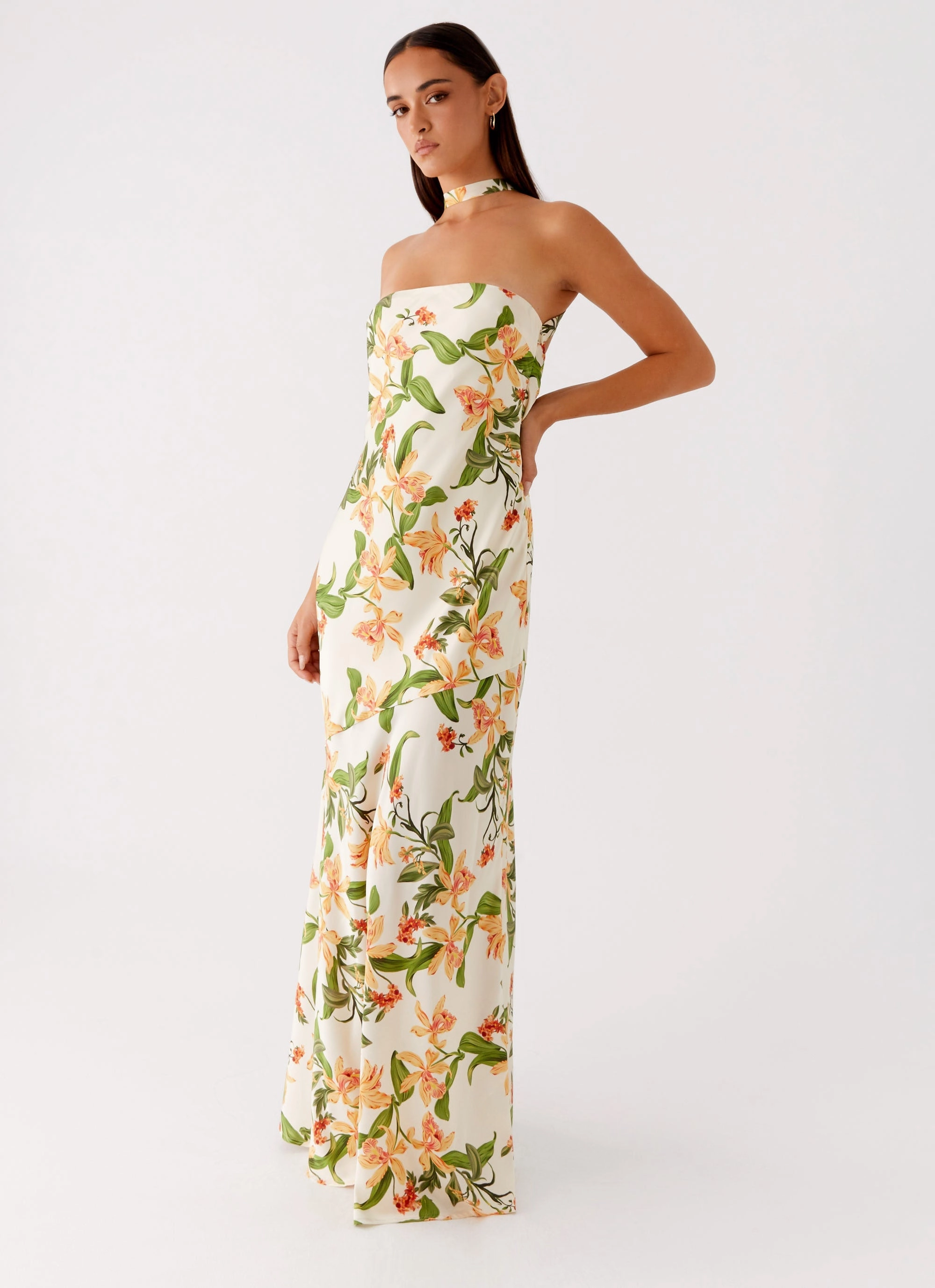 Damali Satin Maxi Dress - Floral Print Sharp Design Fashionable Style