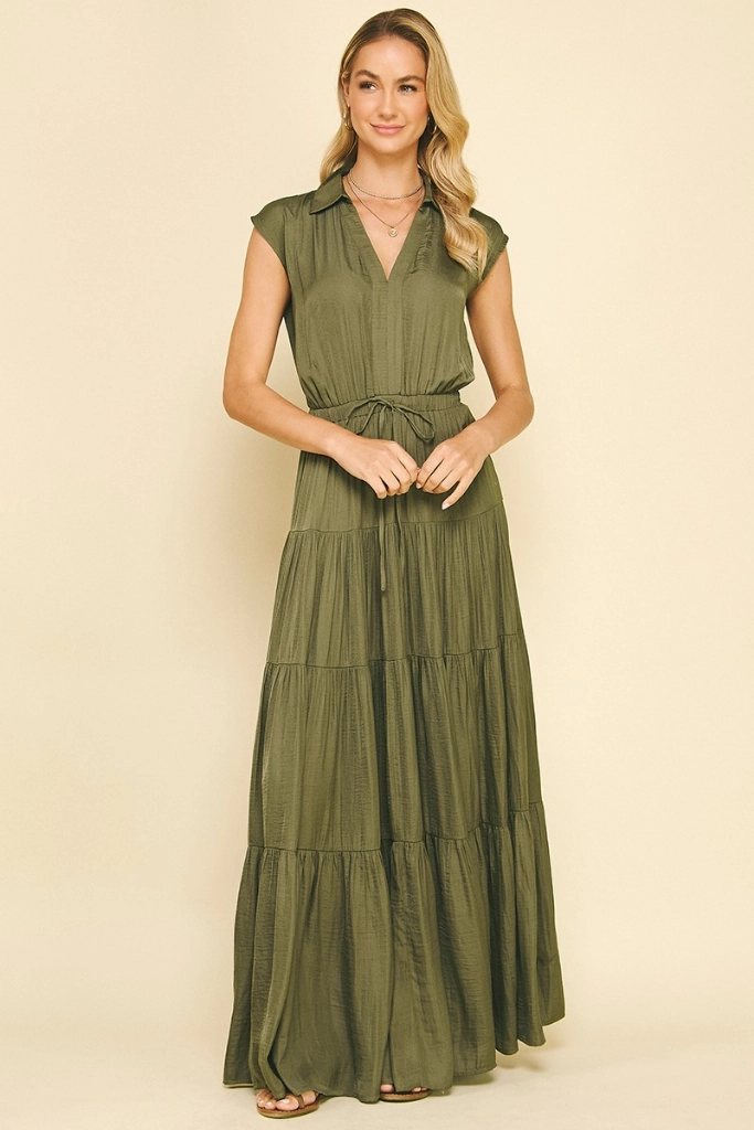 Lucy Satin Tiered Maxi Dress in Olive Smart Edge