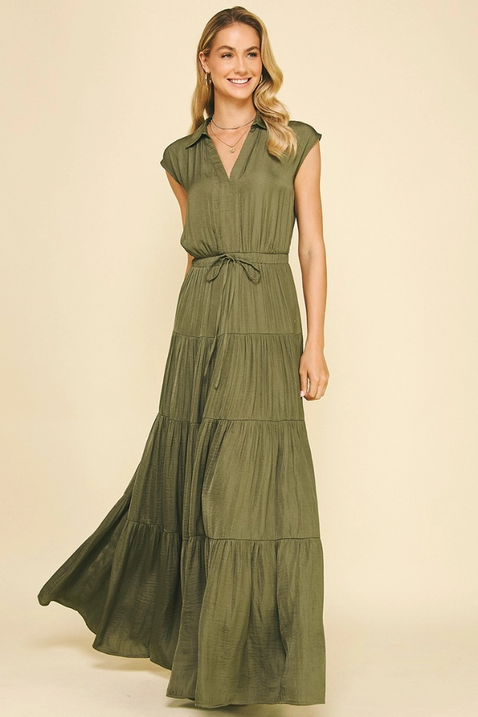 Bold Touch Lucy Satin Tiered Maxi Dress in Olive