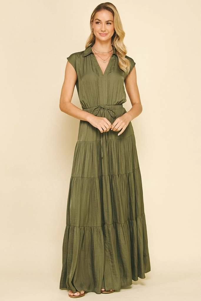 Lucy Satin Tiered Maxi Dress in Olive Peace View