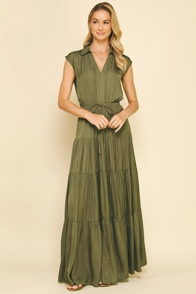 Lucy Satin Tiered Maxi Dress in Olive Smart Edge