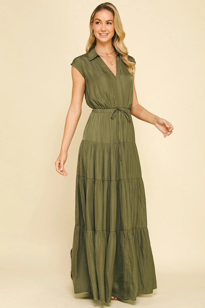 Trendy Wearable Lucy Satin Tiered Maxi Dress in Olive