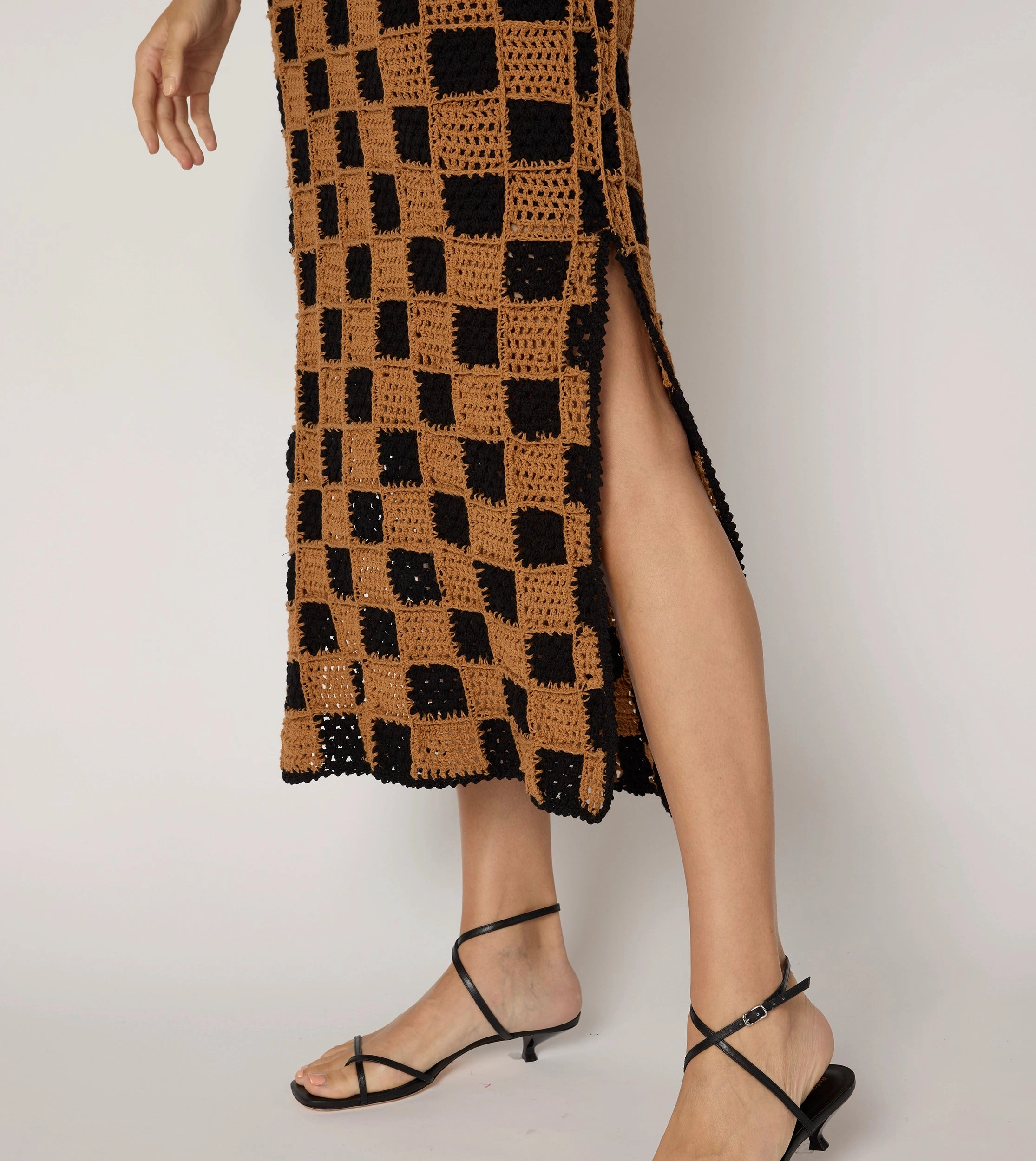 Feminine off-the-shoulder gown Danika Crochet Dress | Black/Brown