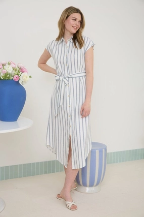 DANNIE STRIPE COLLARED BUTTON DOWN BELT TIE SHIRT DRESS Evening-Wear
