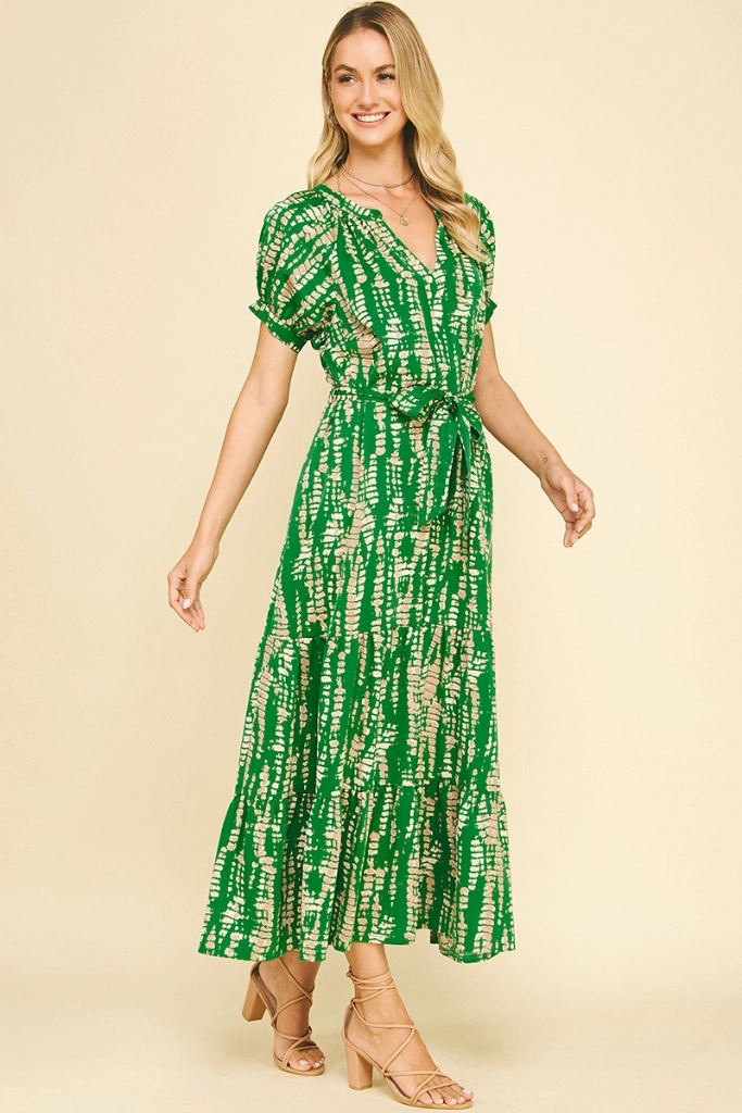 Shiny Zip Modern Appeal Daphne Printed Midi Dress in Green