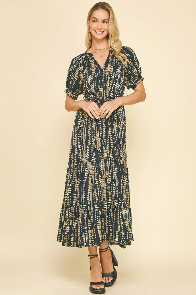 Daphne Printed Midi Dress in Navy Drawstring-Closure