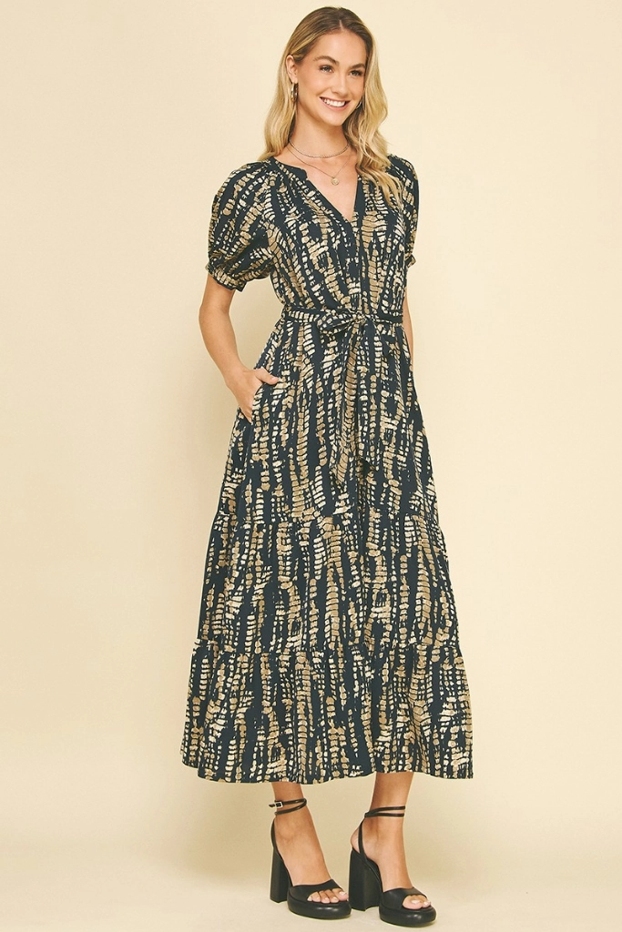 Balloon-Sleeve Daphne Printed Midi Dress in Navy