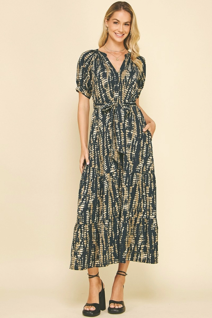 Daphne Printed Midi Dress in Navy Sheer Panel