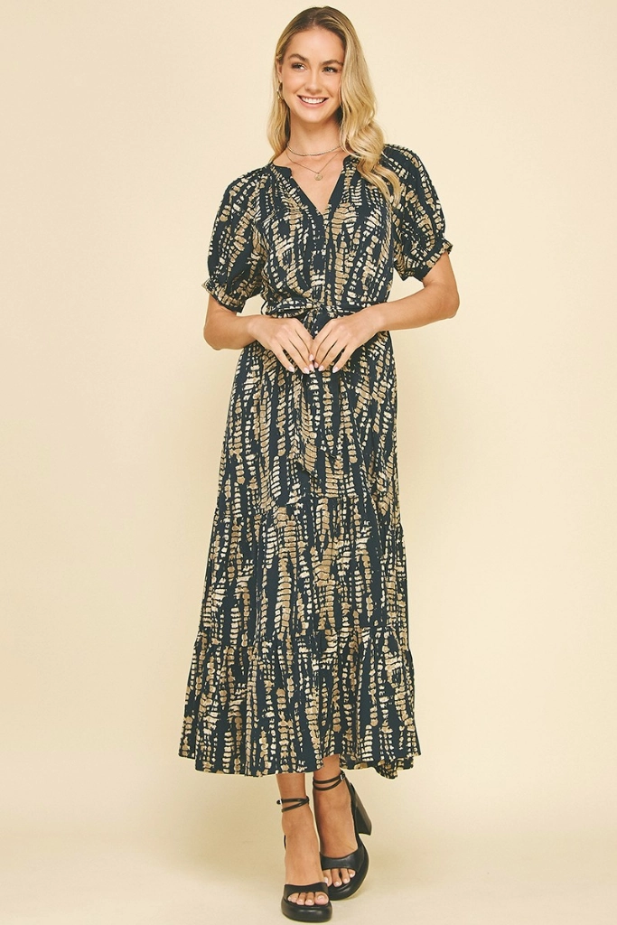 Daphne Printed Midi Dress in Navy Soft Draping Weekend Edge