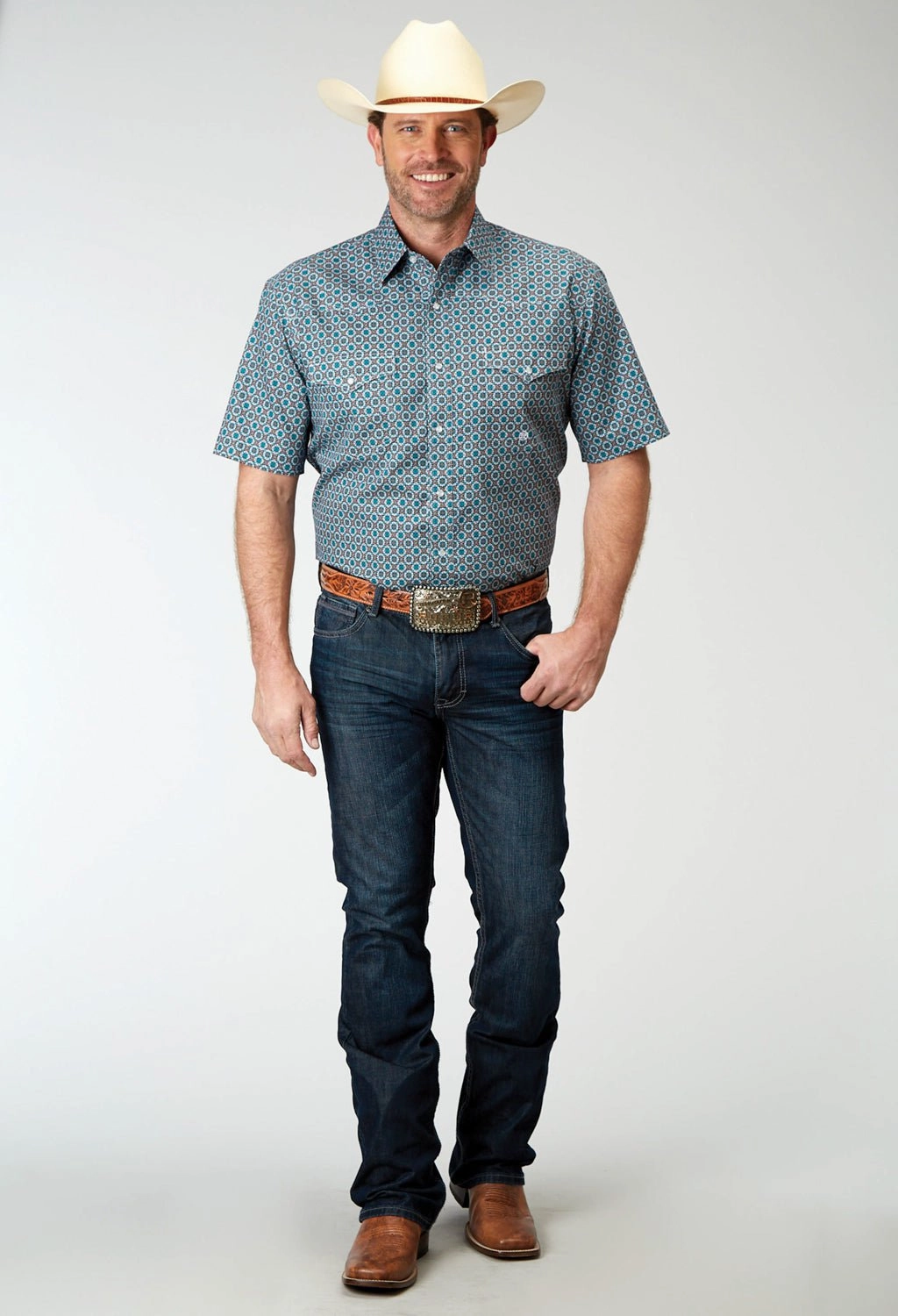 Roper Mens Frontier Foulard Multi-Color 100% Cotton S/S Shirt Streamlined Design