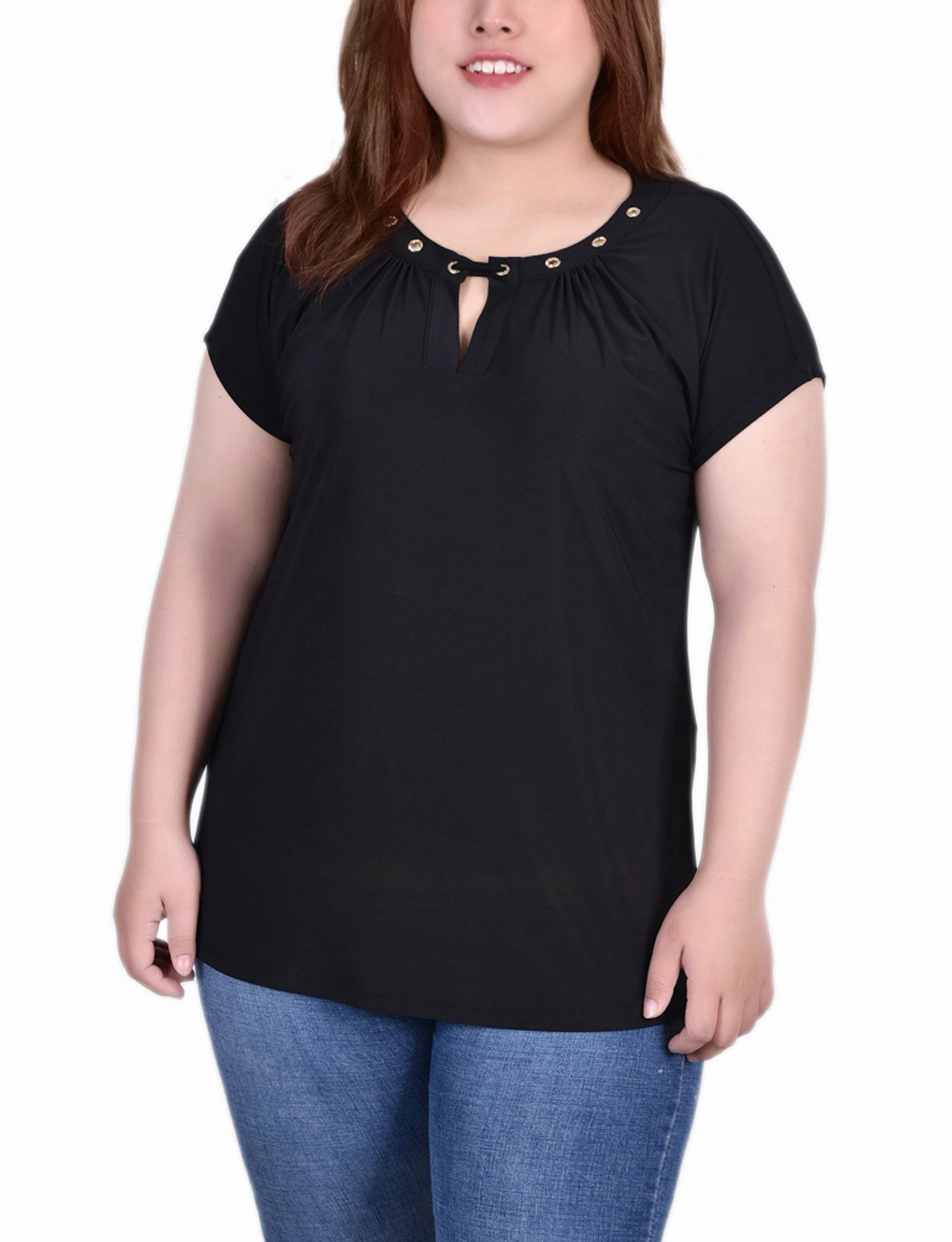 Plus Size Short Sleeve Grommet Top With Keyhole Skin Touch Knot-Detail