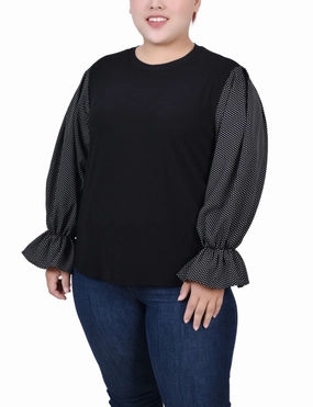 Breathable Layering Plus Size Long Sleeve Top With Printed Sleeves