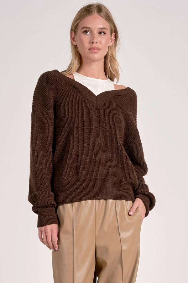 Comfort Piece Functional Layers Deep V-Neck Sweater - Brown