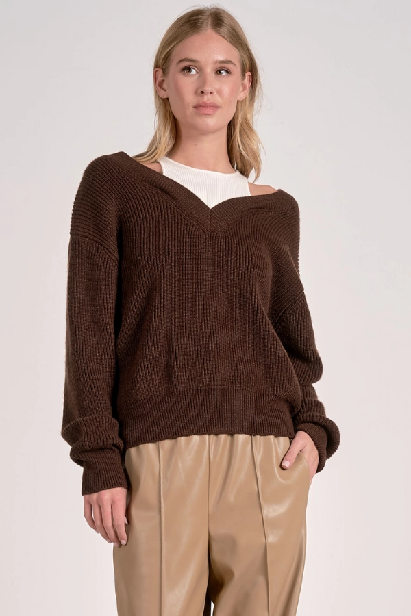 Light and Cozy Deep V-Neck Sweater - Brown