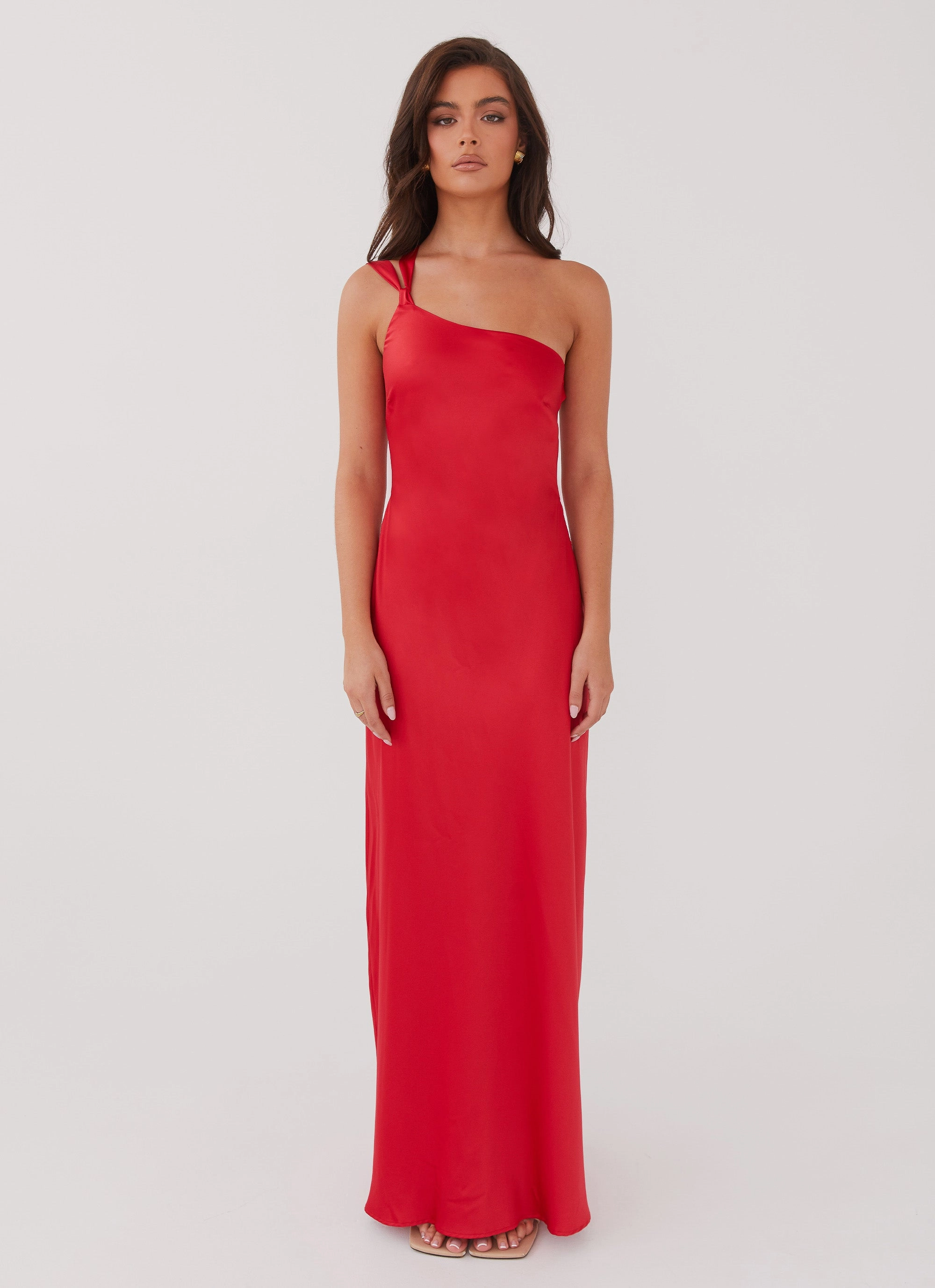 Polished Cut Soft Appeal Delancy One Shoulder Maxi Dress - Rouge Red