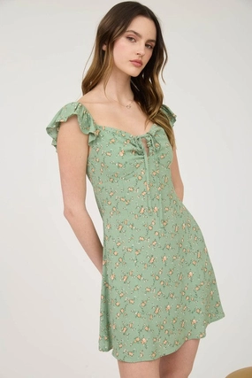 Feminine Line Wrap style Tina Floral Front Cut-out With Tie Mini Dress