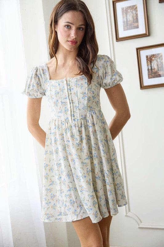 DELILAH FLORAL LACE TRIM FRONT HOOK & EYE MINI DRESS Work Vibes