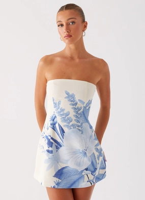 Stylish party wear Denby Strapless Mini Dress - Blue Floral Print