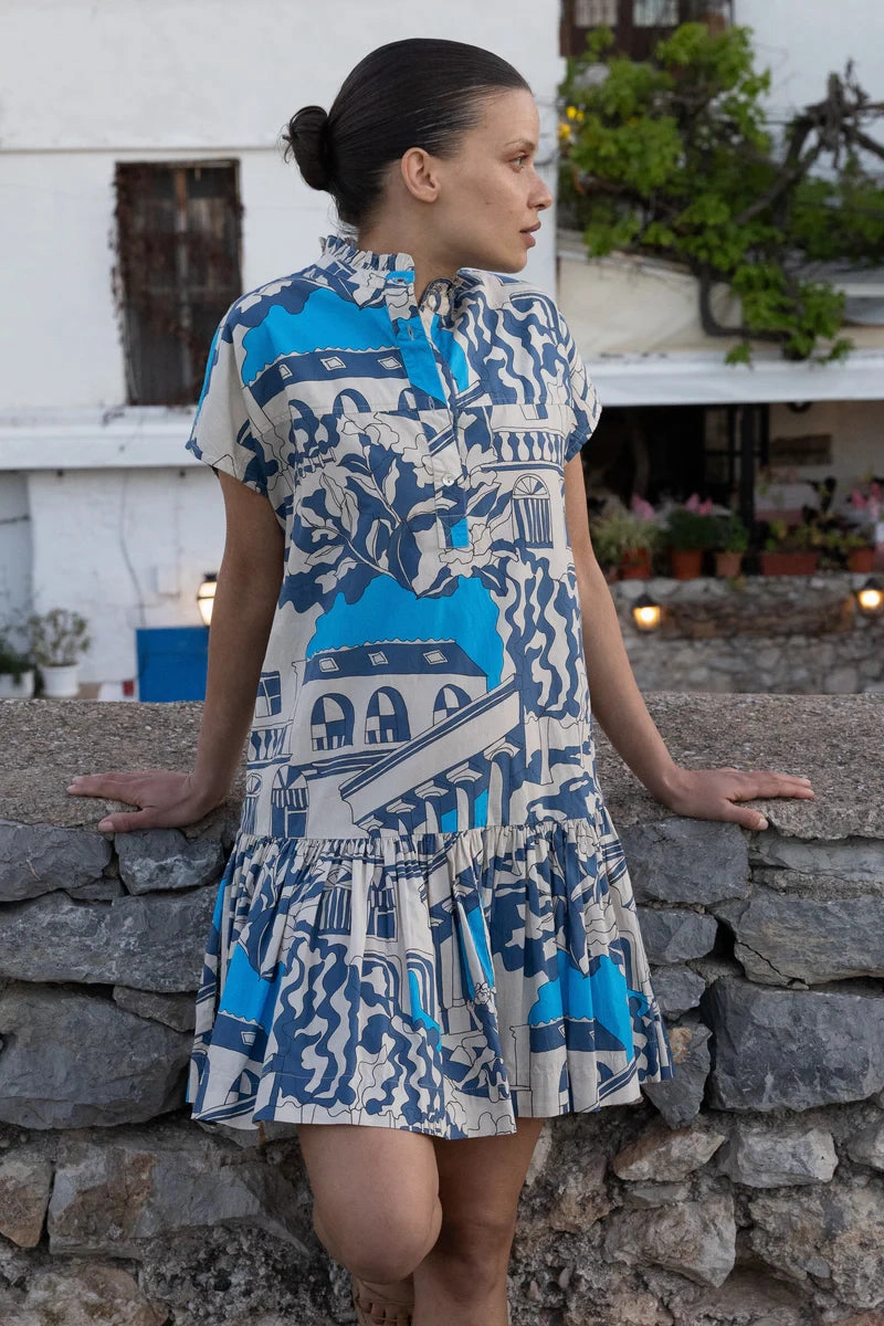 Soft color Modest Light Cap Sleeve Mini Dress in Roma Blue