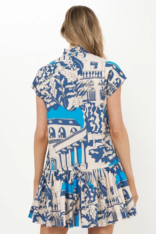 Cap Sleeve Mini Dress in Roma Blue Pleated-Texture