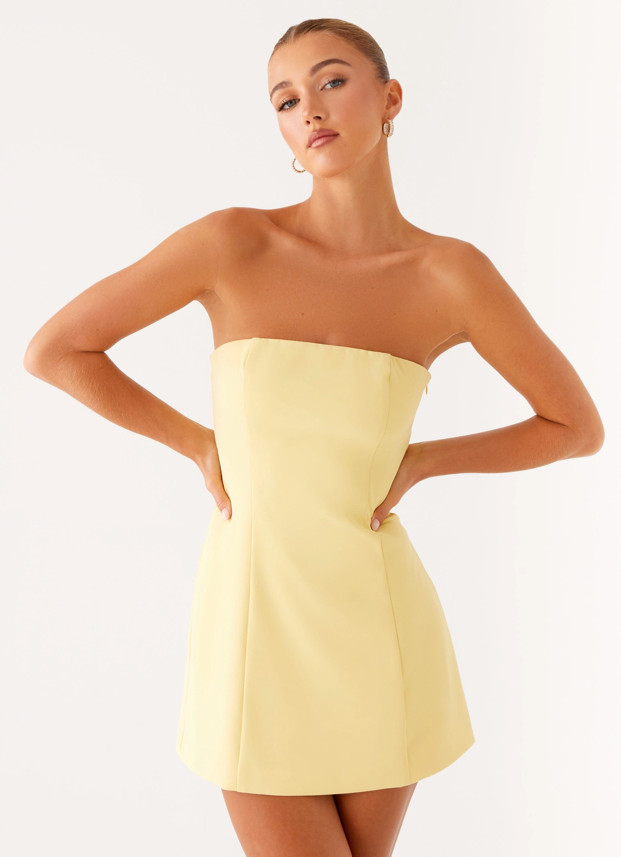 Stretchable Honey Bow Mini Dress - Yellow