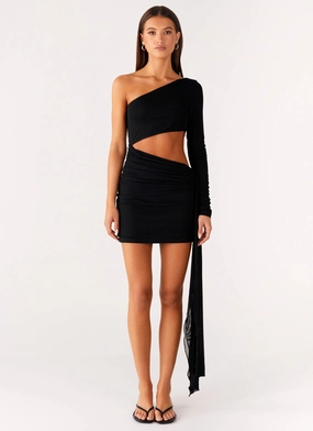 Stylish dinner attire Wrapped Asymmetrical Mesh Dress - Black