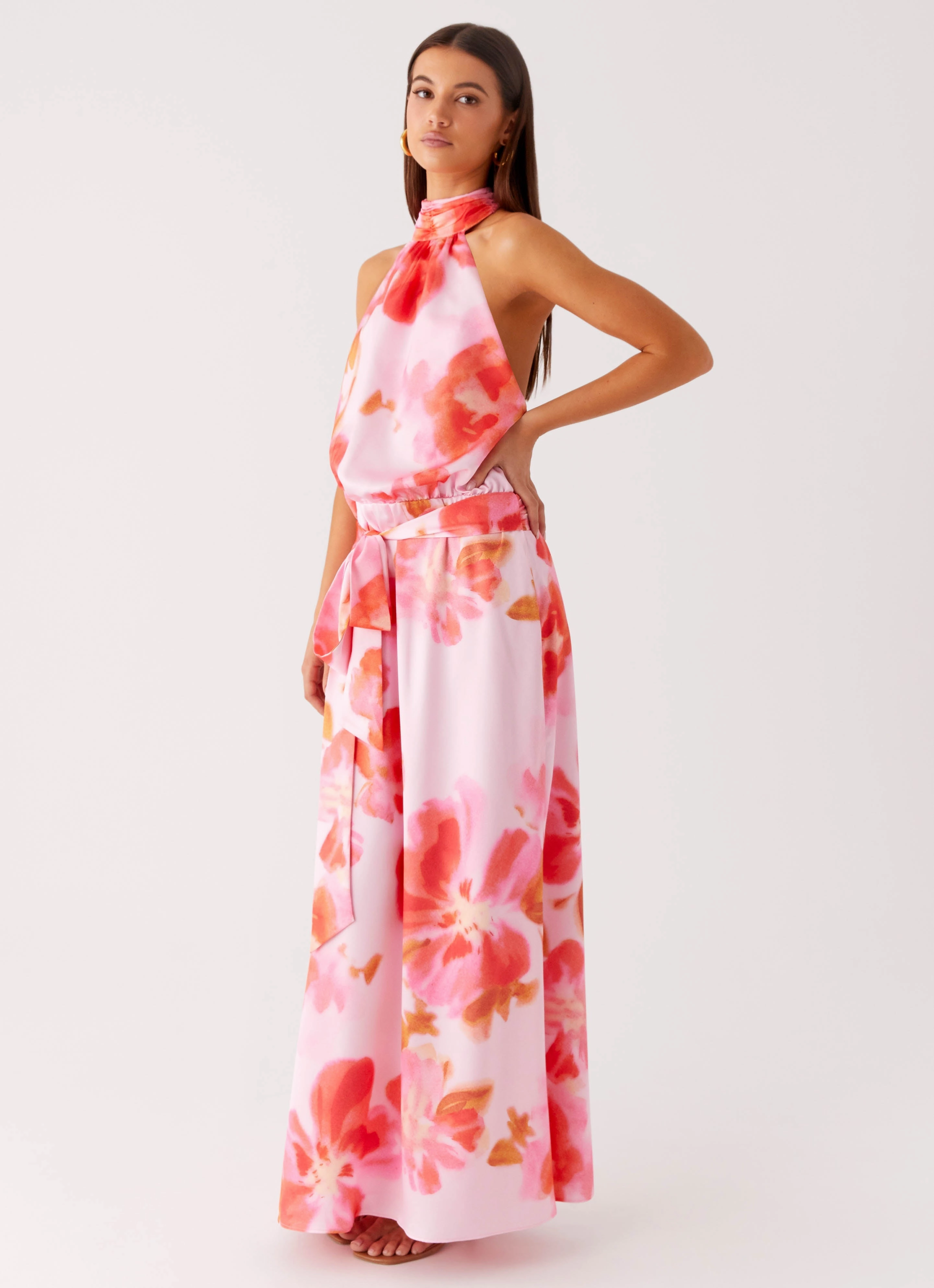 Gentle Flow Dressy Yet Comfortable Diablo Backless Maxi Dress - Blushing Blossom