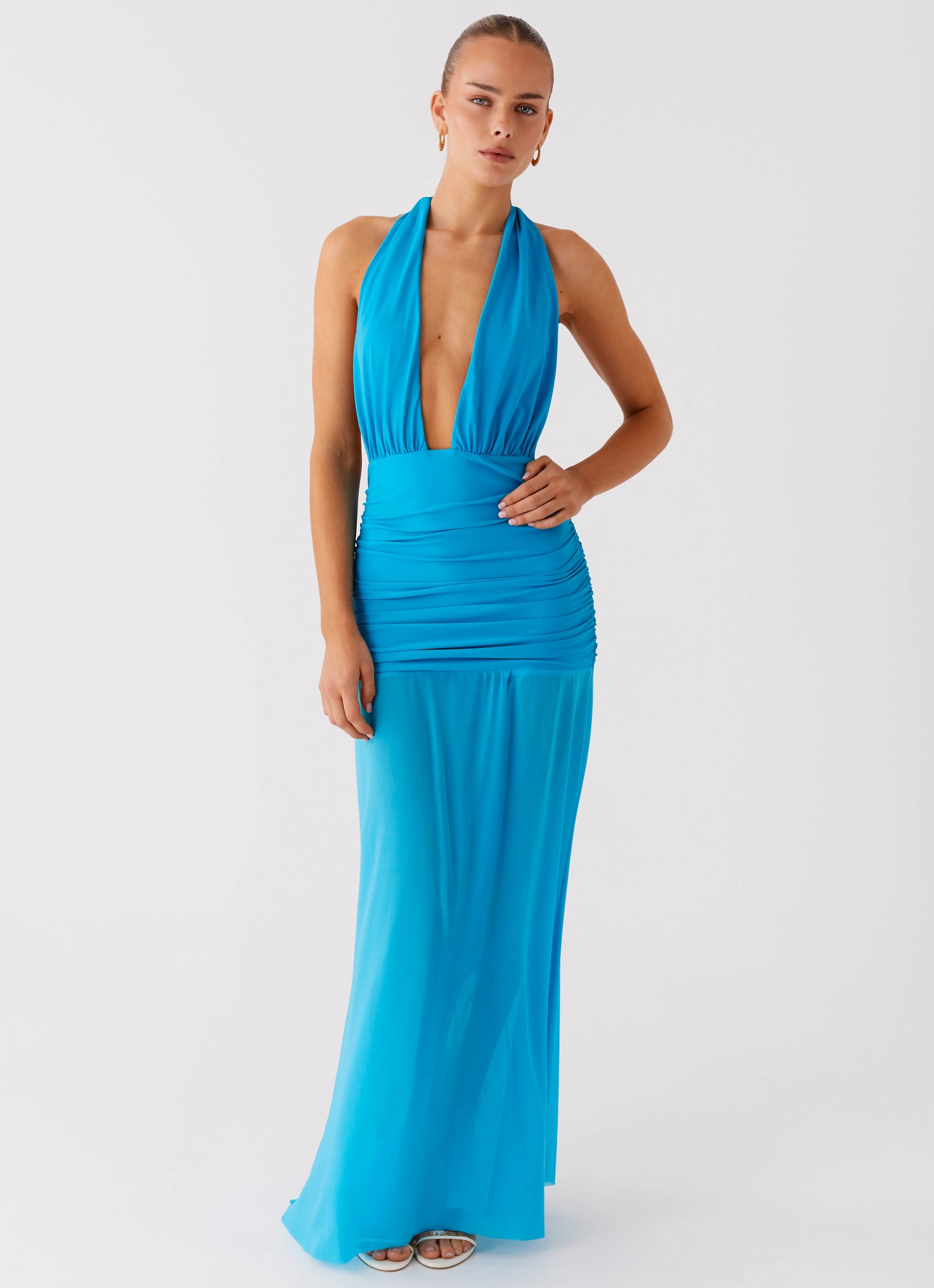 Romantic dinner wear Breezy Style Dilemma Halter Maxi Dress - Turquoise Blue