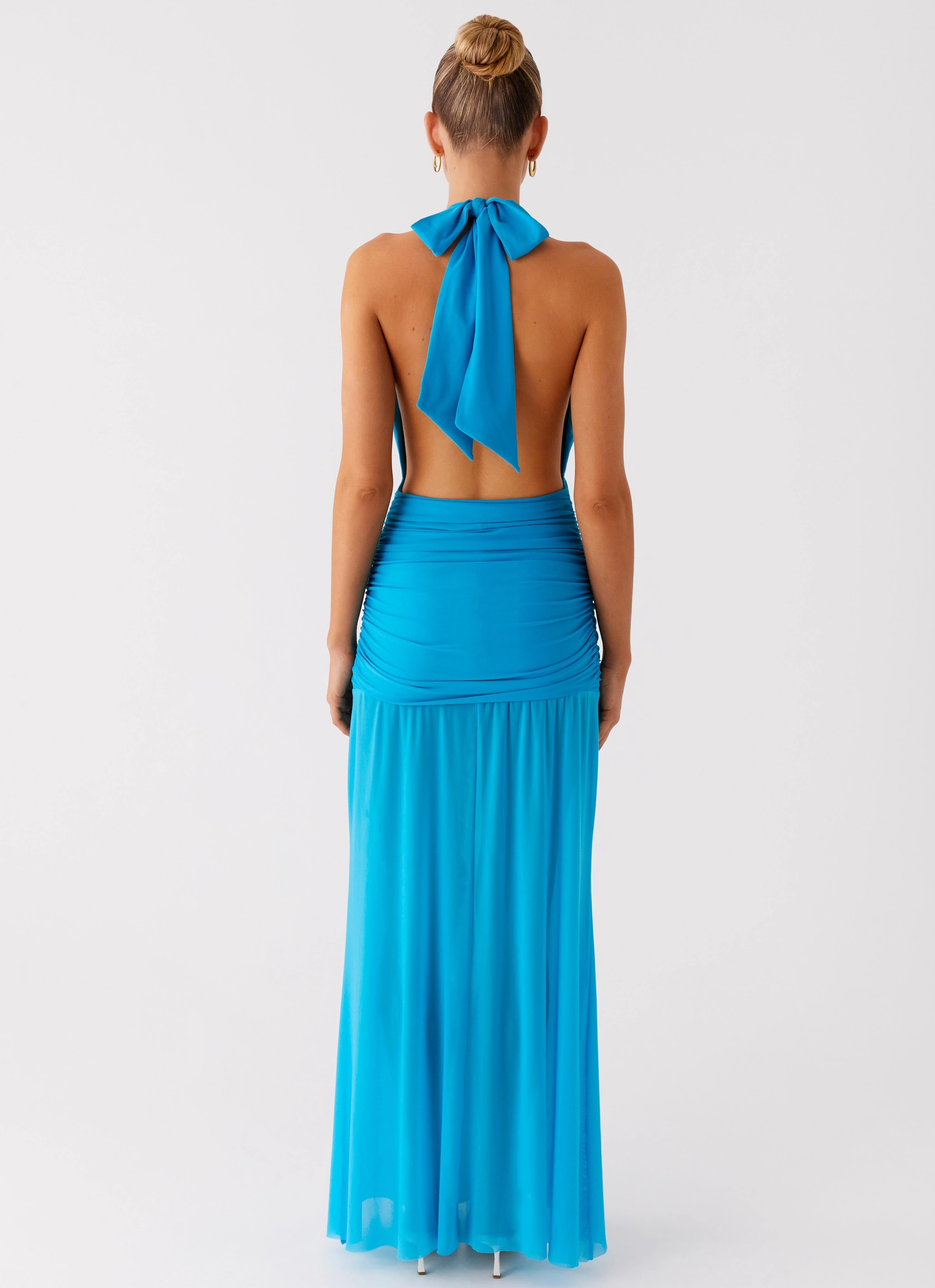 Dilemma Halter Maxi Dress - Turquoise Blue Floral-Pattern