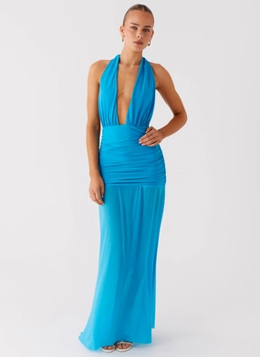 Romantic dinner wear Breezy Style Dilemma Halter Maxi Dress - Turquoise Blue