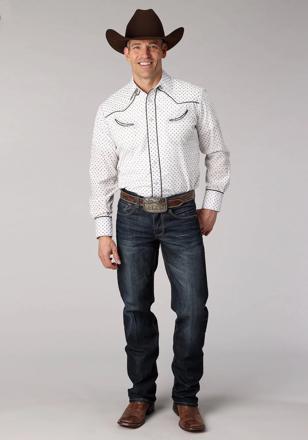 Trendy Look Roper Mens 2065 Mini Floral White/Black Cotton Blend L/S Shirt