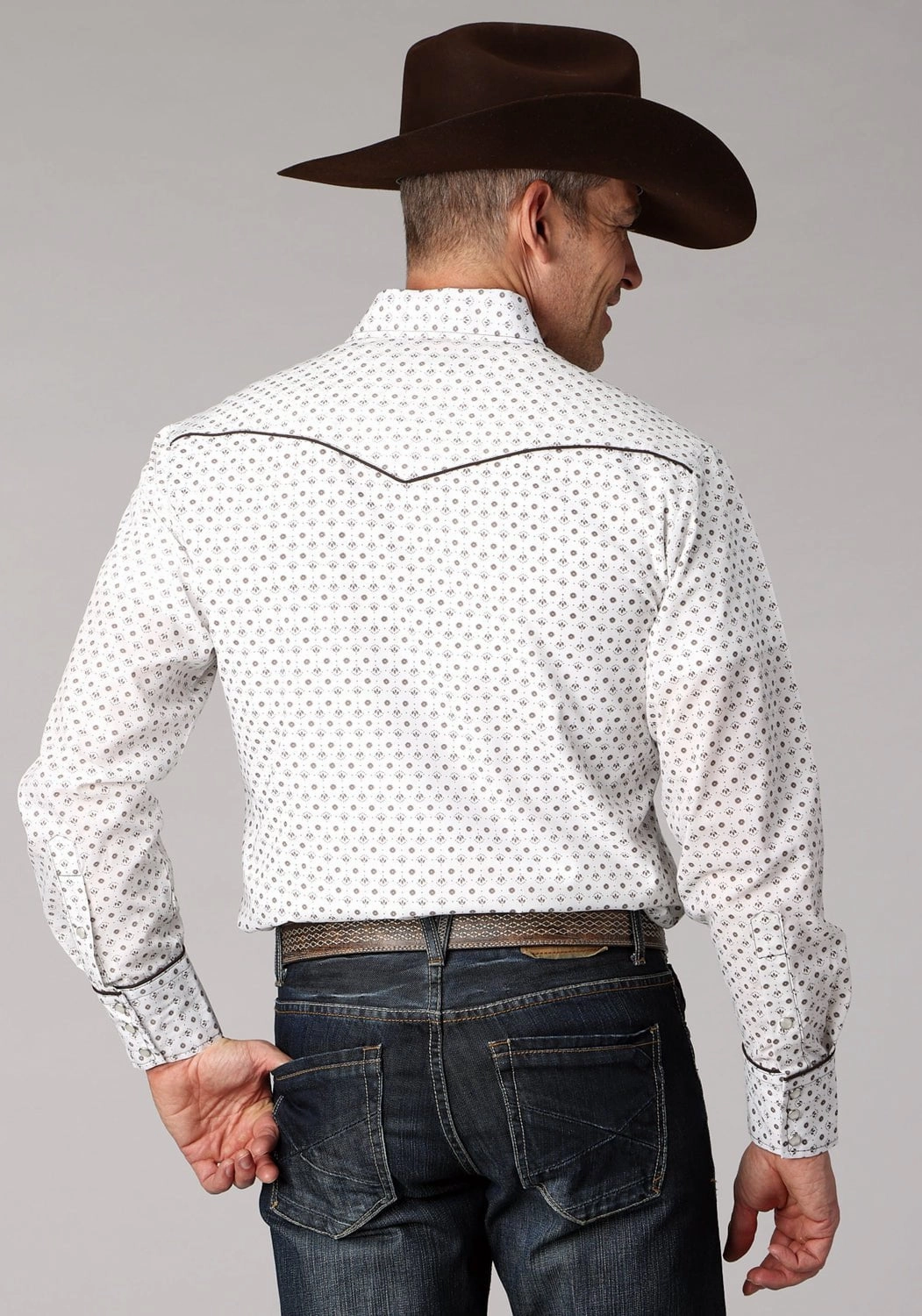 Roper Mens 2065 Mini Floral White/Black Cotton Blend L/S Shirt Anti Static Finish Stretch Fit Technology