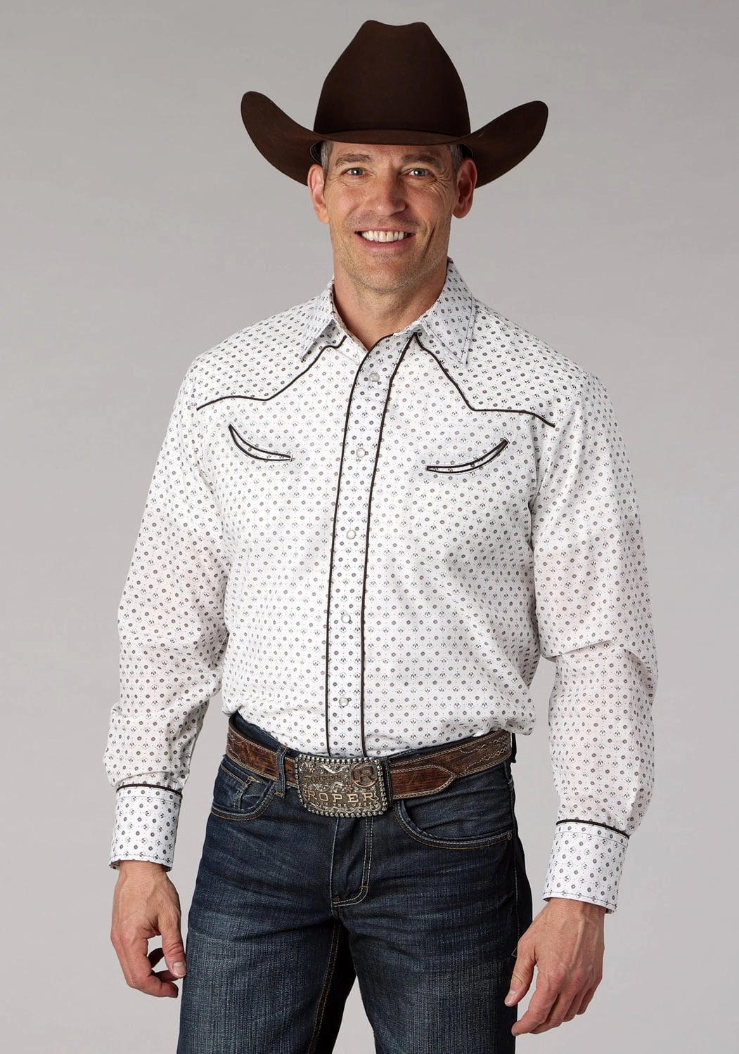 Roper Mens 2065 Mini Floral White/Black Cotton Blend L/S Shirt UV Protective Fabric Sustainable Manufacturing Process