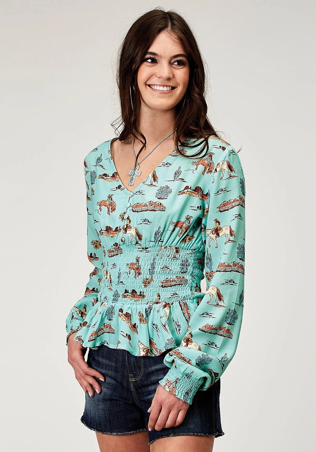 Roper Womens 1989 Desert Toile Blue 100% Rayon L/S Tunic Durable Texture Unisex Option