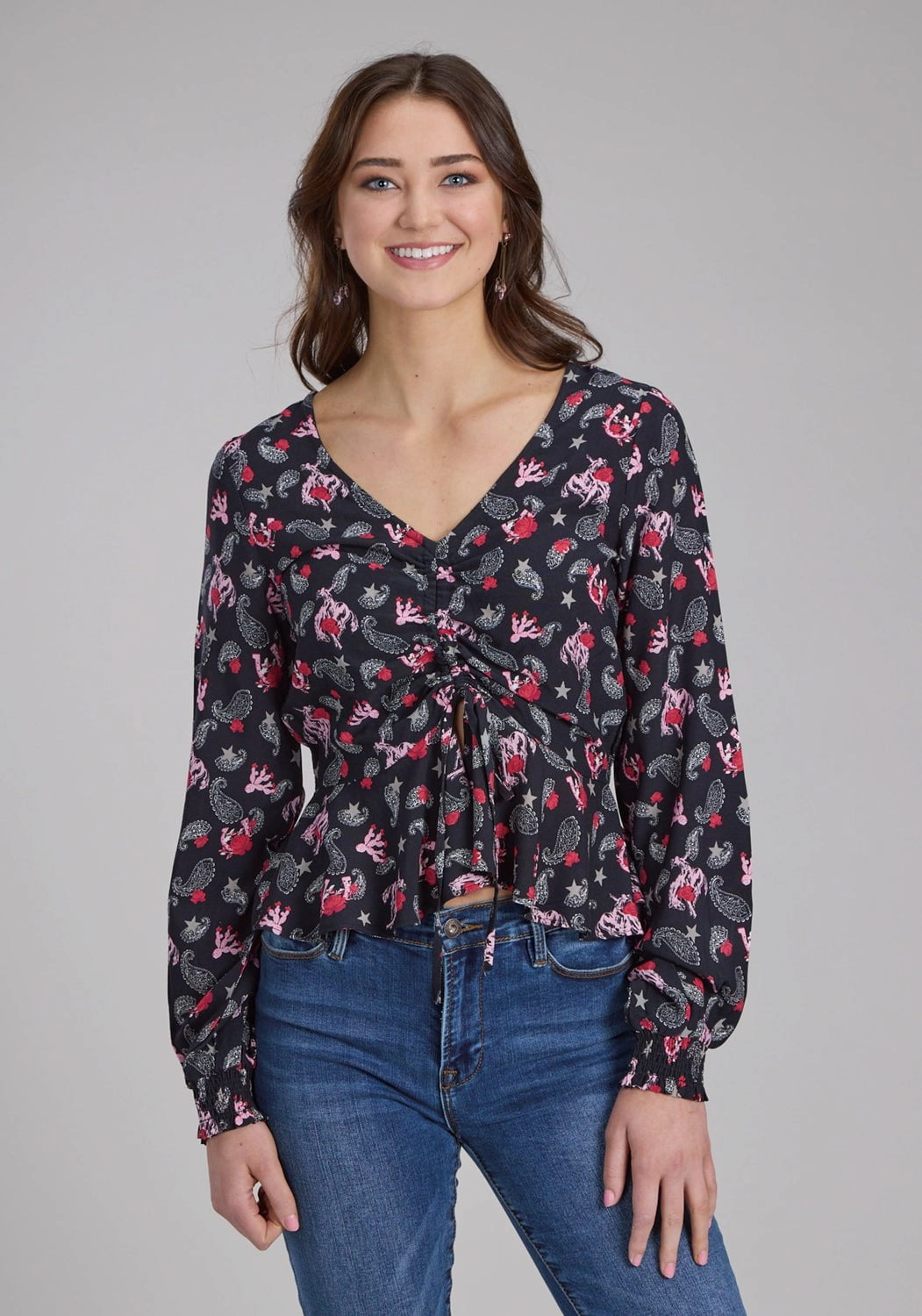 Roper Womens Bronc Rider V-Neck Black 100% Rayon L/S Blouse Zip Front