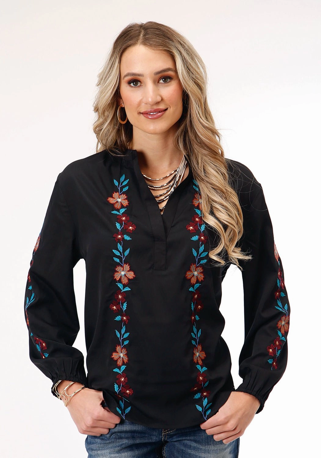 Roper Womens Split-V Floral Black Polyester L/S Blouse High-End Look