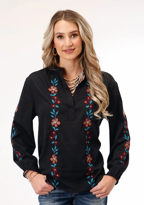 Roper Womens Split-V Floral Black Polyester L/S Blouse Student Essential