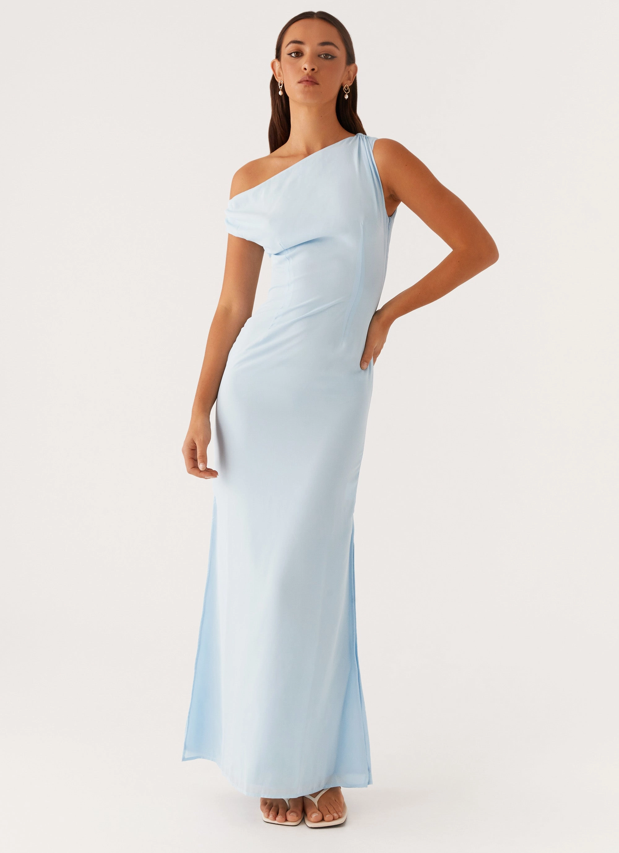 Dinner Date Maxi Dress - Blue Chill Design Cap-Sleeve