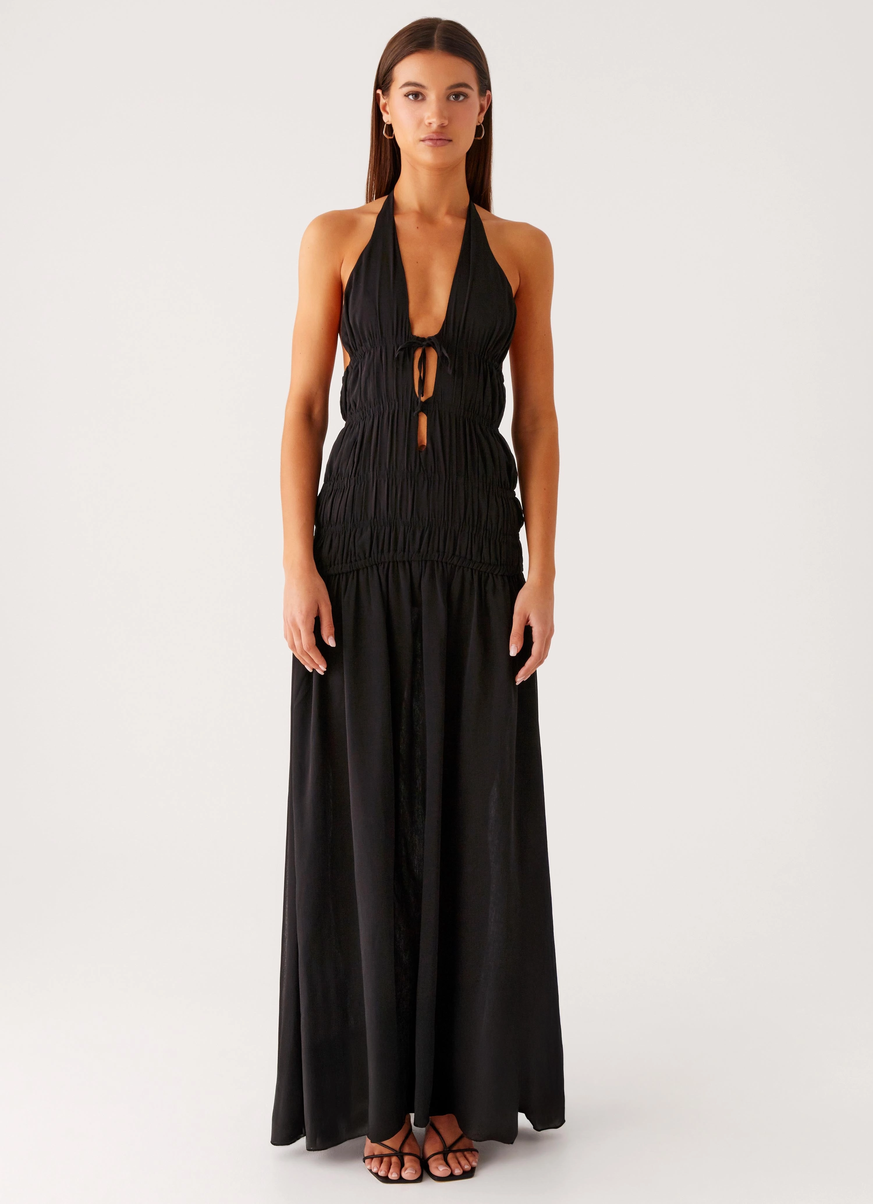Dione Halter Maxi Dress - Black Shiny Zip
