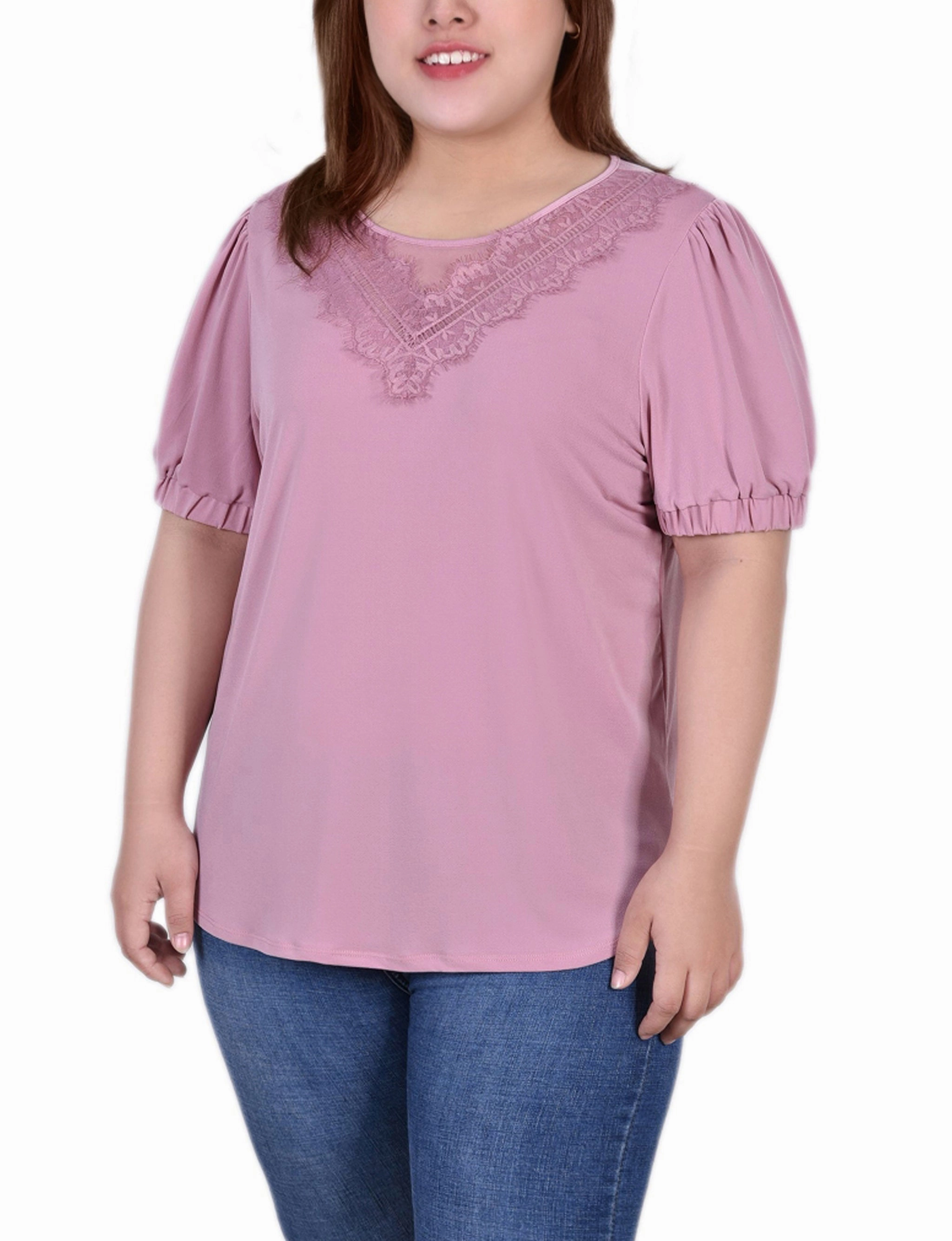 Plus Size Short Puff Sleeve Top With Lace Chill Detail Gender Free