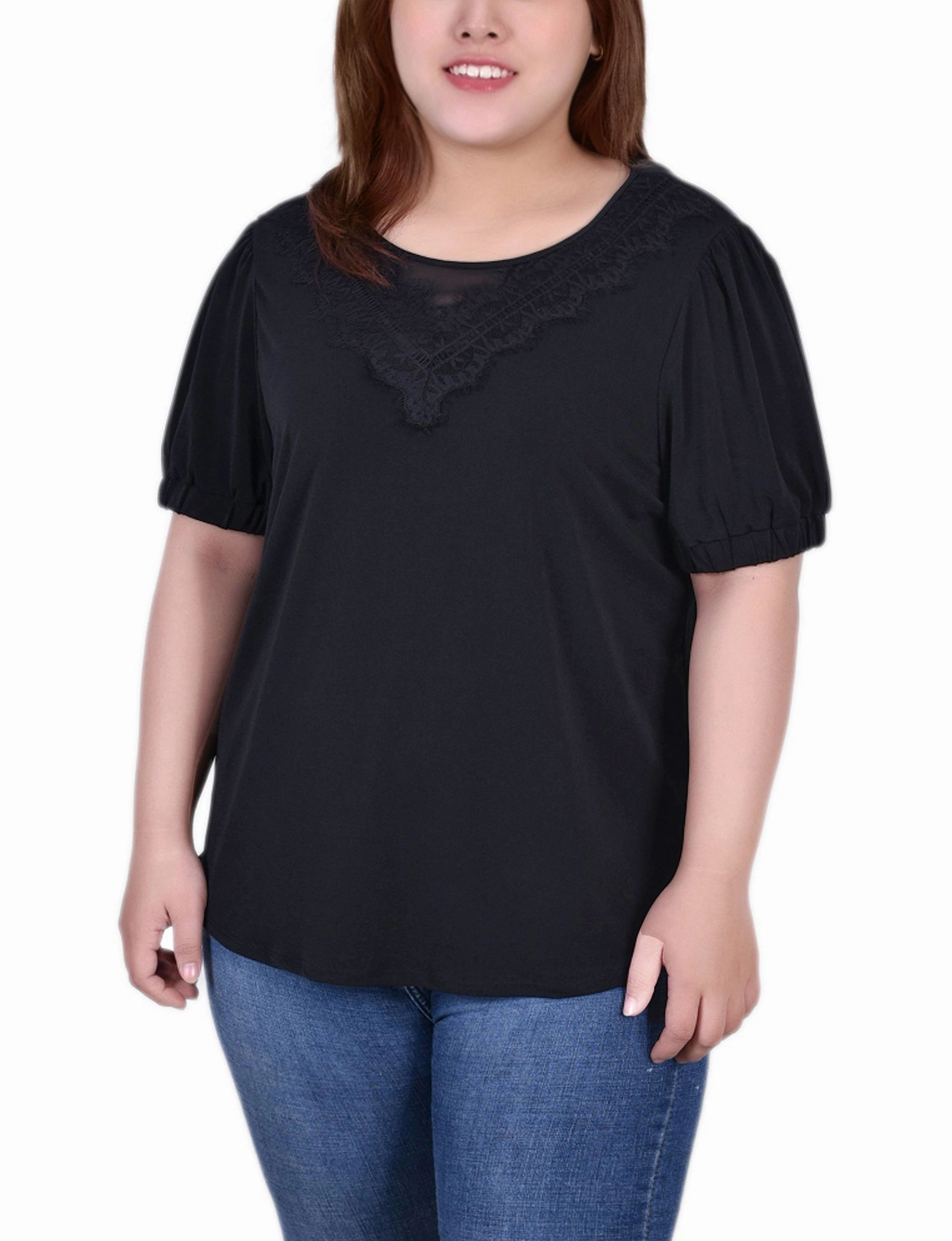 Plus Size Short Puff Sleeve Top With Lace Peach Tone