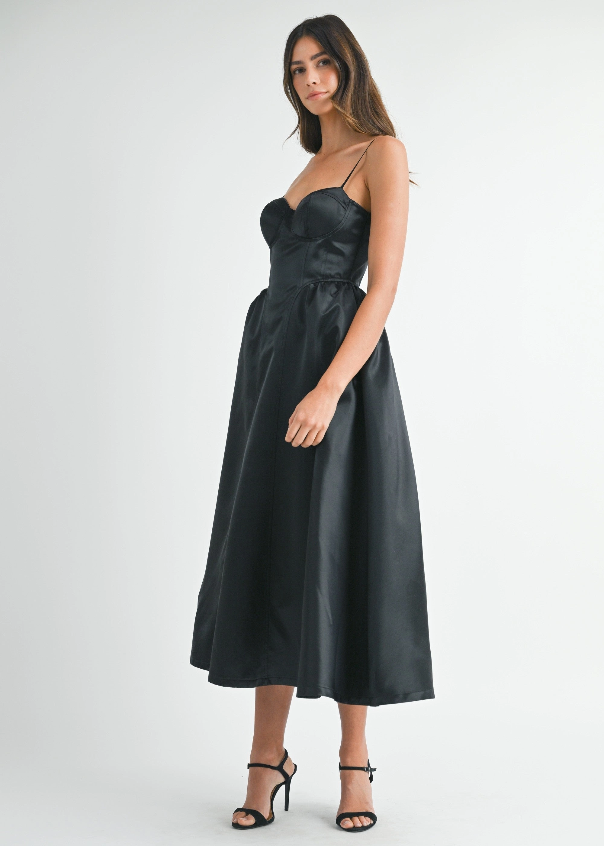 Texture Blend Lightweight-Layer LUNA SOLID TAFFETA BUSTIER MIDI DRESS