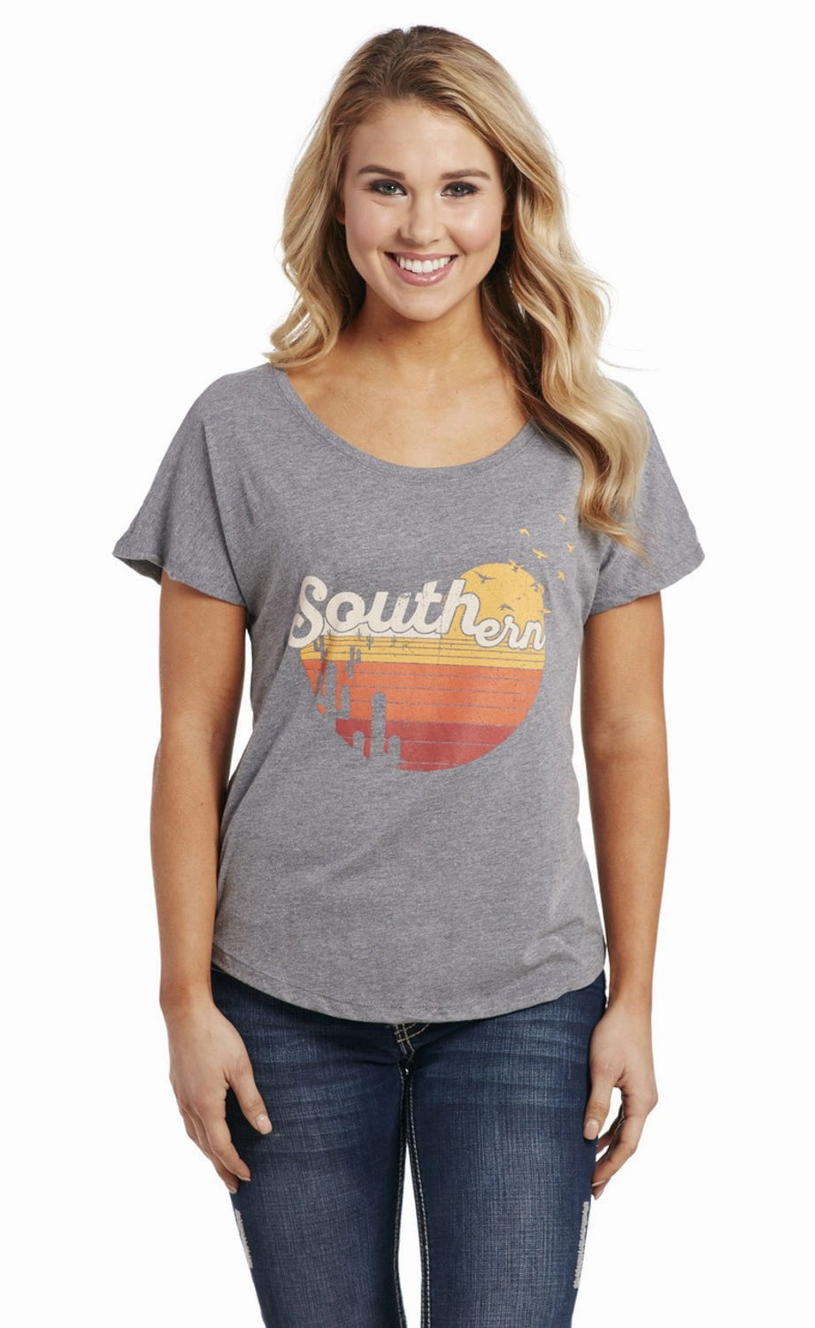 Cowgirl Up Womens Southern Scoop Heather Grey Cotton Blend S/S T-Shirt Functional Wear