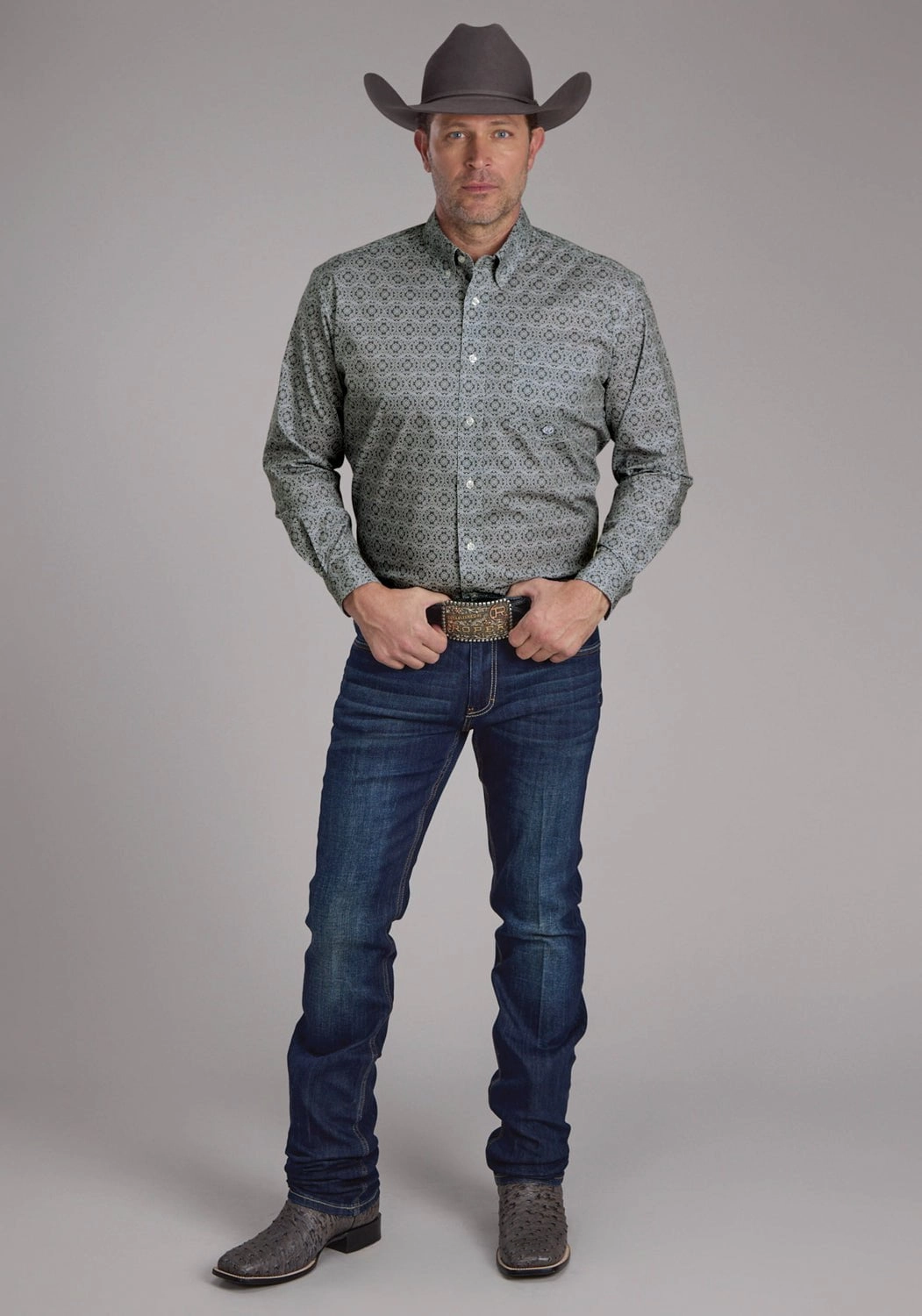 Abrasion Resistant Edging Roper Mens Stretch Medallion Paisley Grey Cotton Blend 1 Pkt L/S Shirt