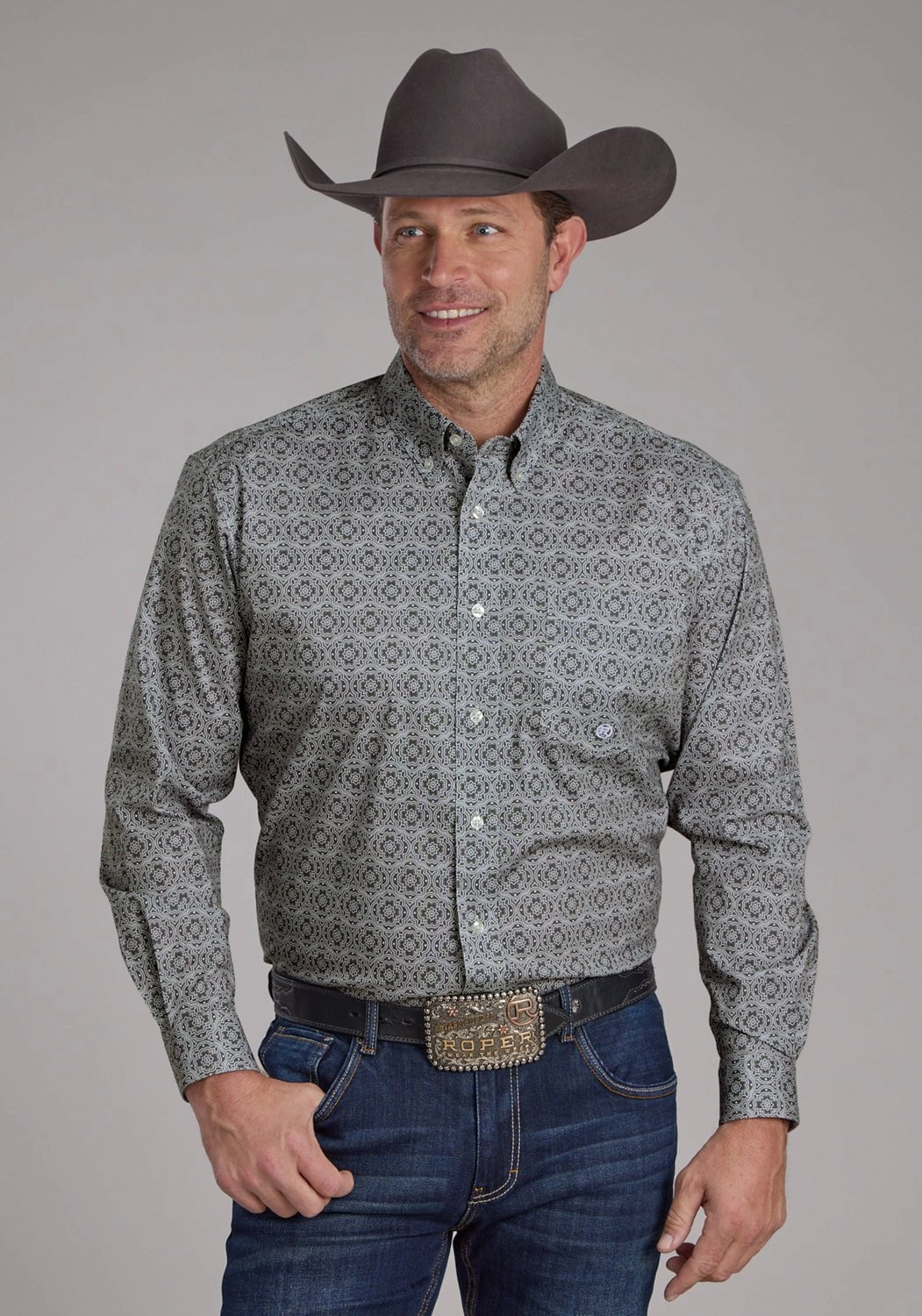 Classic Look Roper Mens Stretch Medallion Paisley Grey Cotton Blend 1 Pkt L/S Shirt