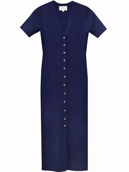 Clean Comfort Evening Wear Dominique Ribbed Knit Dress in Navy